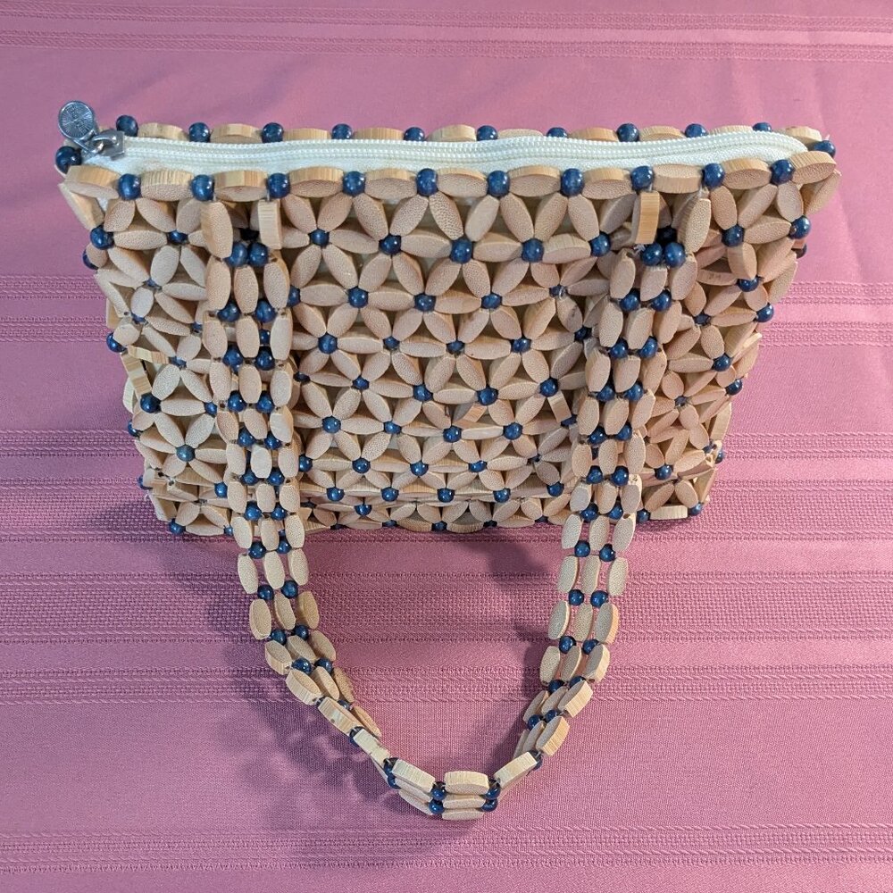 Artist Liang Quan Wooden Bead Flower Design Lined Zippered Purse